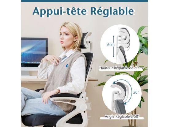 Vente Unique Chaise De Bureau Ergonomique Fauteuil Pivotante Avec Soutien Lombaire & Dossier Basculant En Maille Avec Appuie-tête Ajustable Et Accoudoirs Rabattables (Blanc)