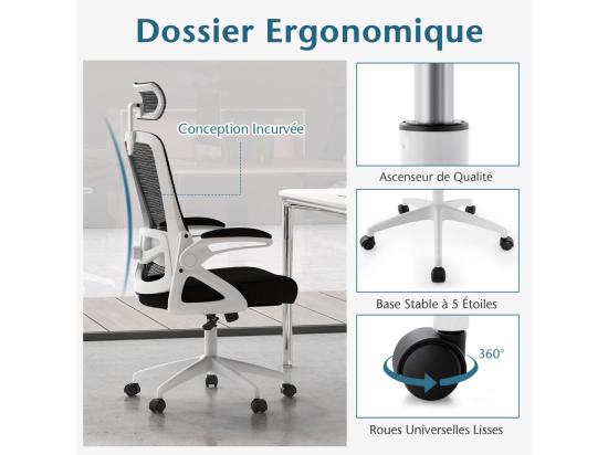 Vente Unique Chaise De Bureau Ergonomique Fauteuil Pivotante Avec Soutien Lombaire & Dossier Basculant En Maille Avec Appuie-tête Ajustable Et Accoudoirs Rabattables (Blanc)