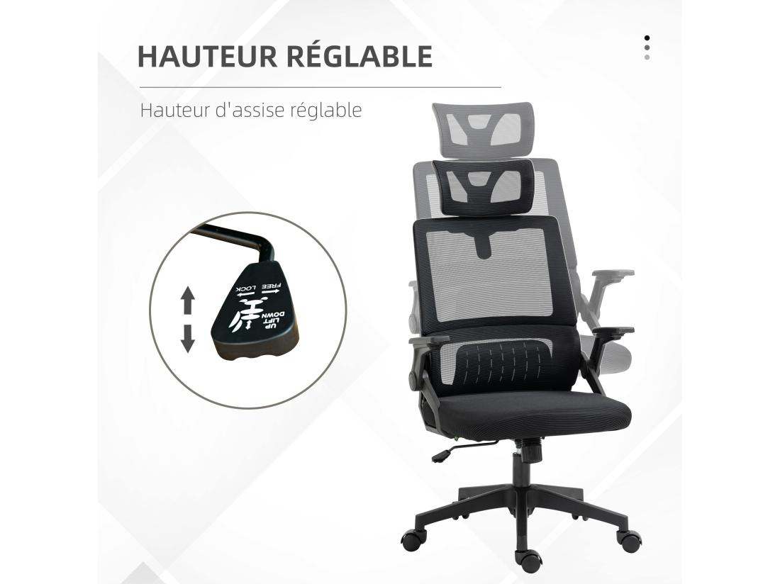 Vente Unique Chaise De Bureau Ergonomique Réglable Inclinable Pivotante Maille Polyester Noir