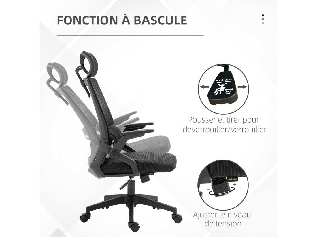 Vente Unique Chaise De Bureau Ergonomique Réglable Inclinable Pivotante Maille Polyester Noir