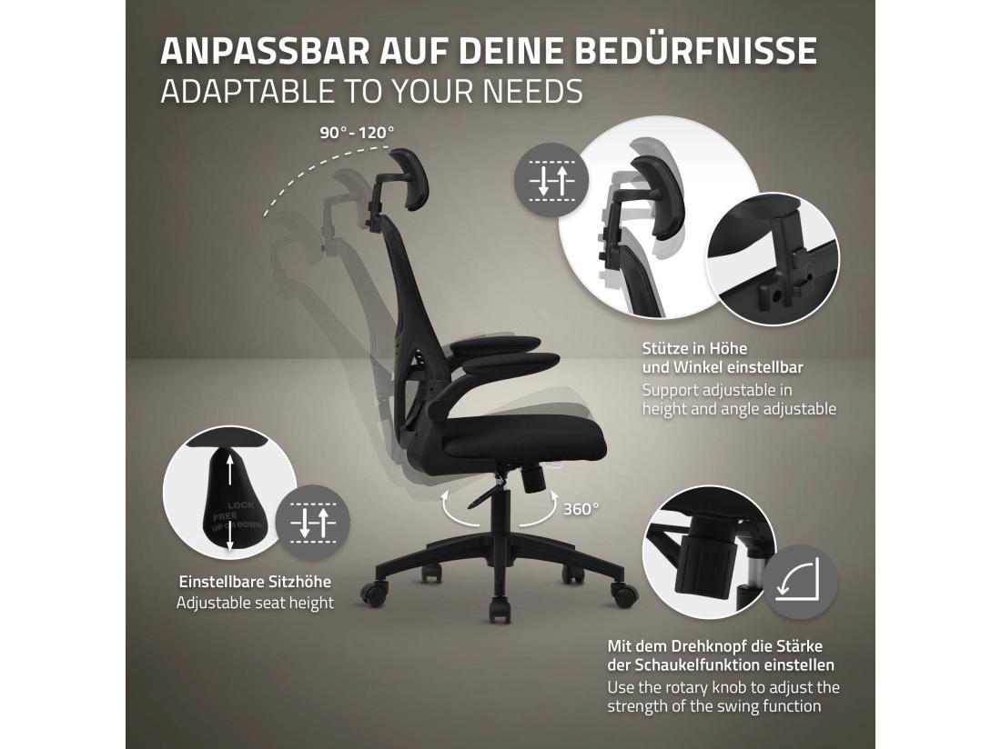 Vente Unique Chaise De Bureau Gaming Ergonomique Noir Pivotant En Maille Appui-tête Réglable