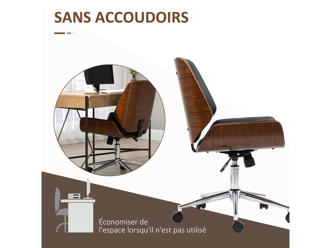 Vente Unique Chaise De Bureau Manager Design Vintage Pivotante Hauteur Réglable Bois Peuplier Acier Chromé Revêtement Mixte Synthétique Tissu Noir