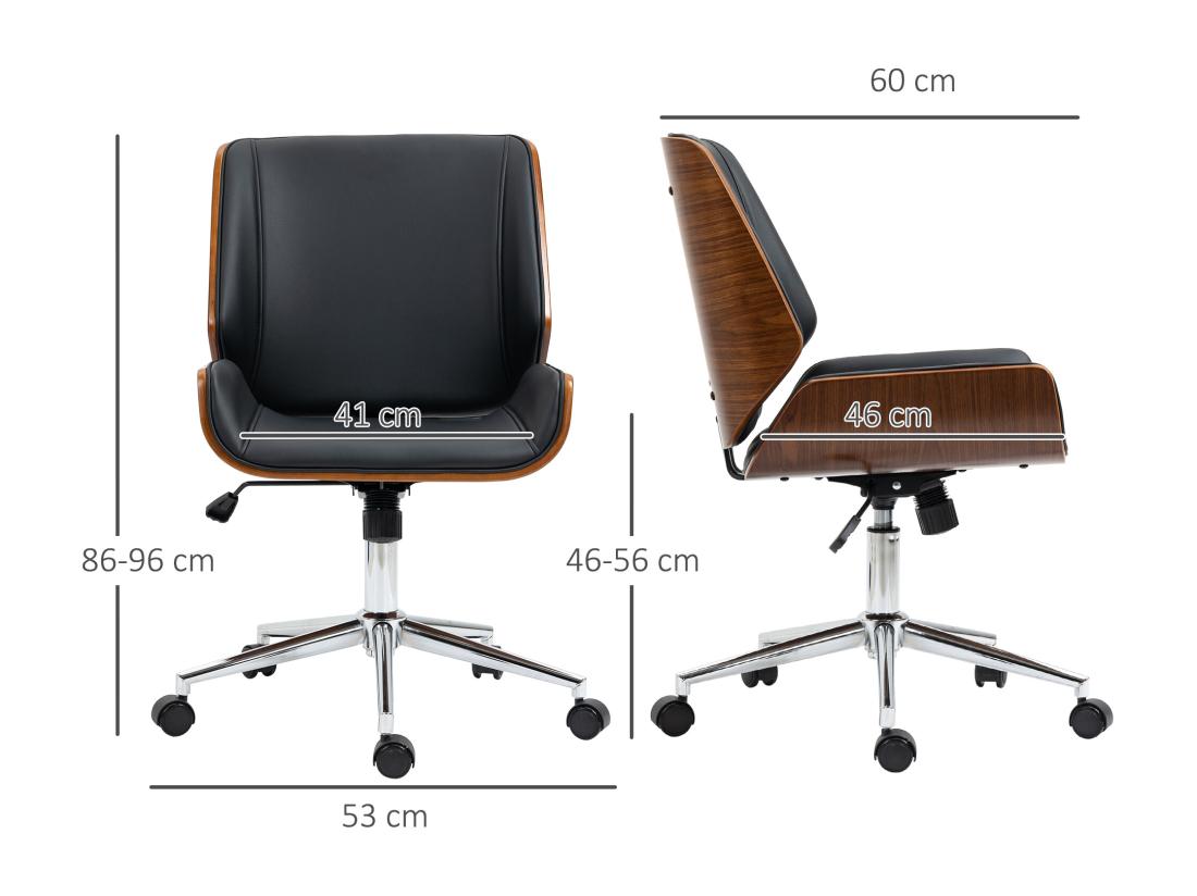 Vente Unique Chaise De Bureau Manager Design Vintage Pivotante Hauteur Réglable Bois Peuplier Acier Chromé Revêtement Mixte Synthétique Tissu Noir