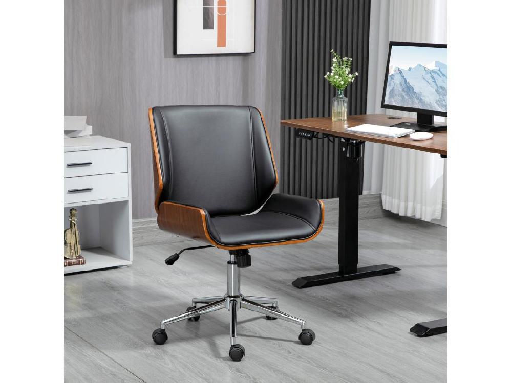 vente unique Chaise de bureau manager design vintage pivotante hauteur réglable bois peuplier acier chromé revêtement mixte synthétique tissu noir