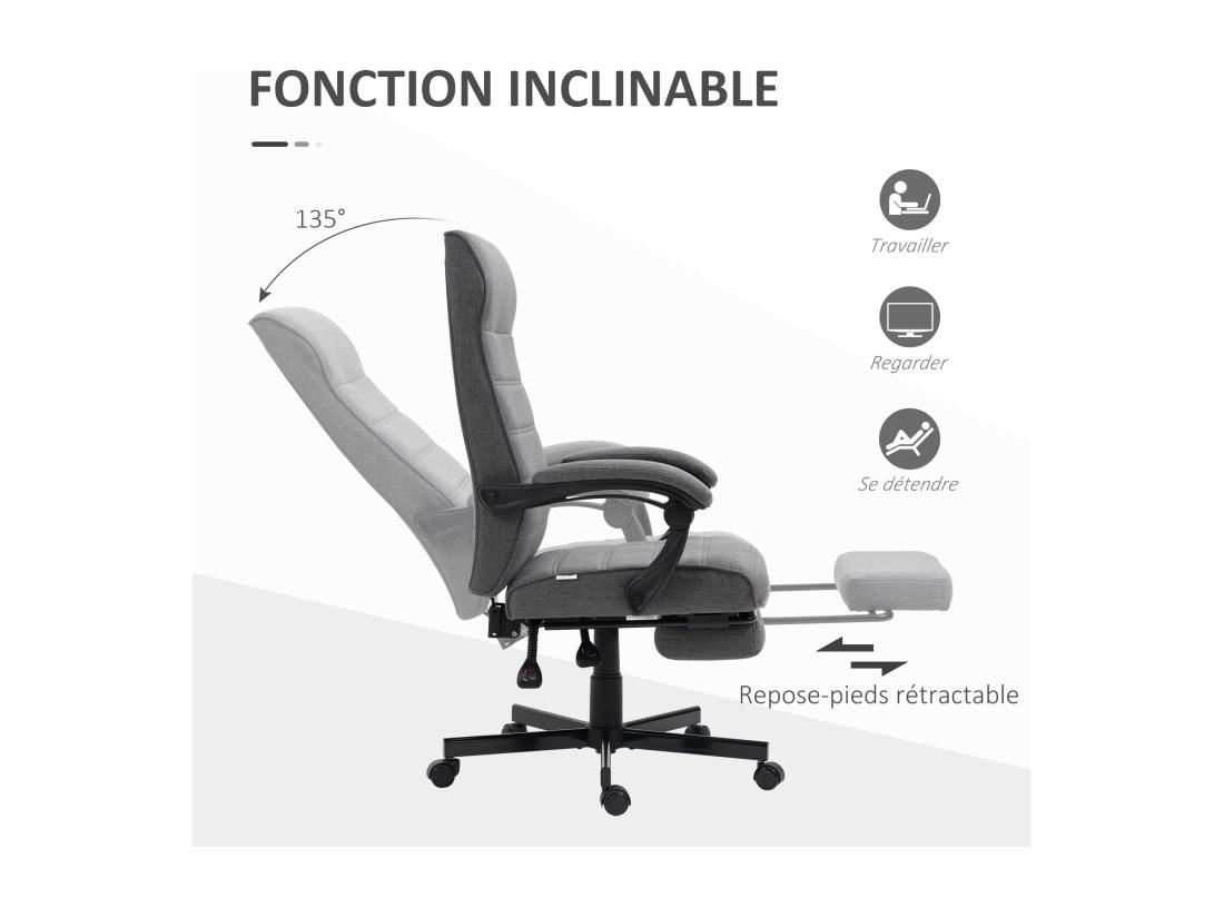 Vente Unique Chaise De Bureau Manager Ergonomique Inclinable Réglable Repose-pied Rétractable Tissu Gris