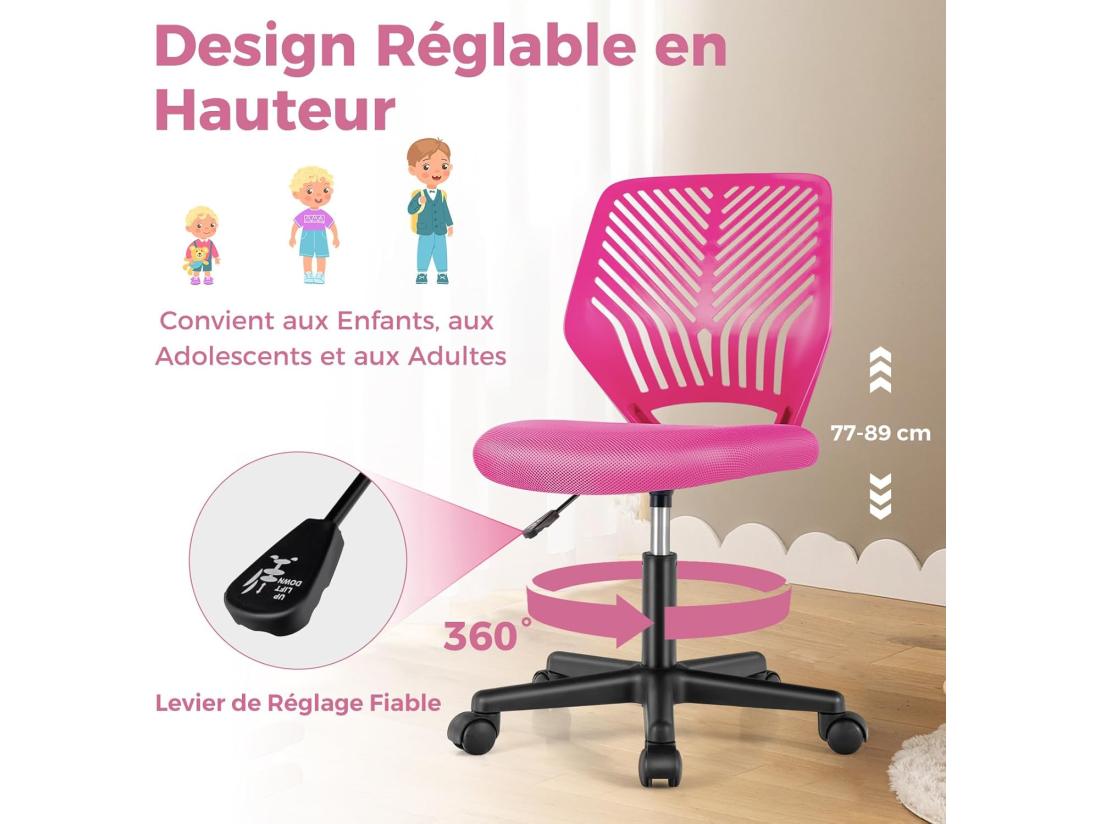 Vente Unique Chaise De Bureau Pivotante Enfants Avec Hauteur Réglable 77-89cm Siège à Roulettes Avec Dossier Ergonomique & Base à 5 Étoiles Charge 150kg Pour Enfant Adolescent Adulte (Rose)