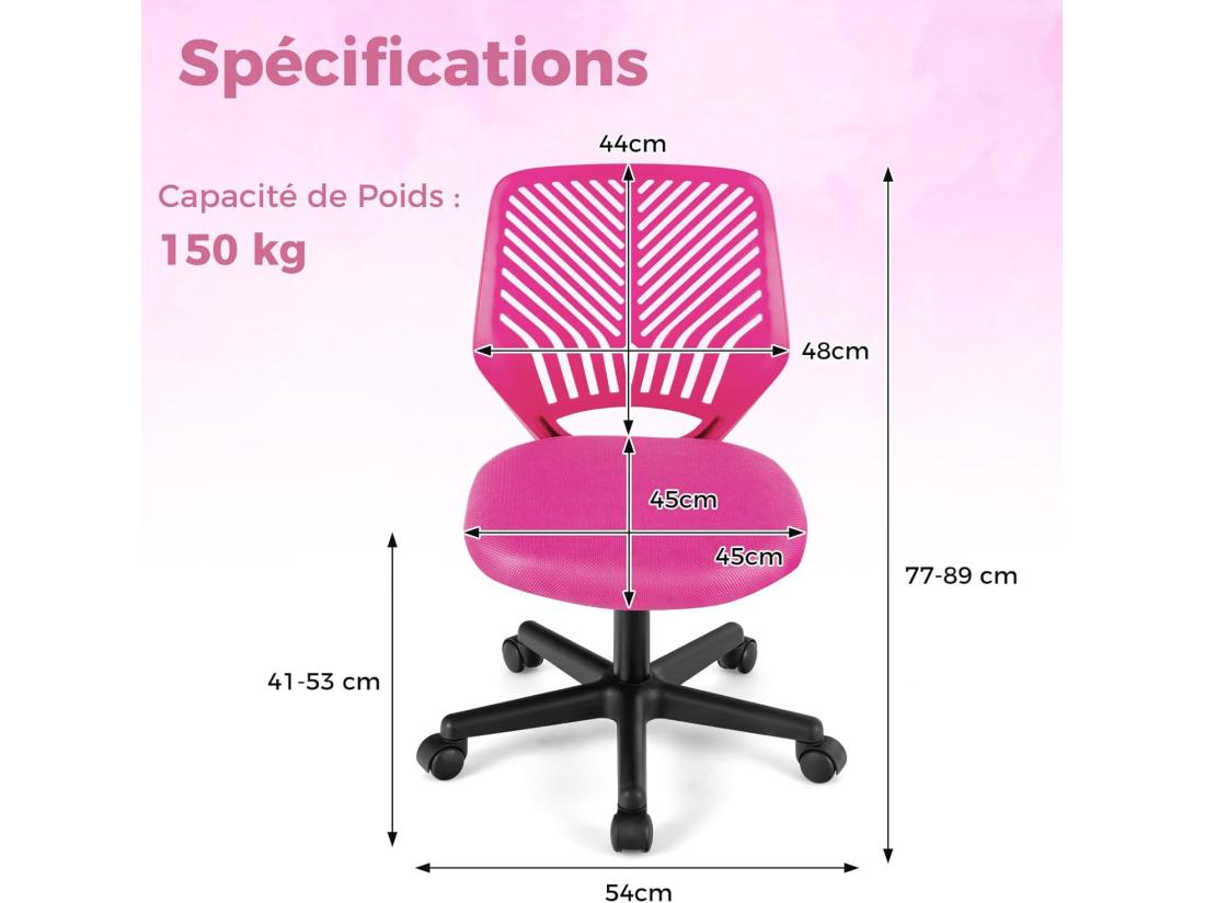 Vente Unique Chaise De Bureau Pivotante Enfants Avec Hauteur Réglable 77-89cm Siège à Roulettes Avec Dossier Ergonomique & Base à 5 Étoiles Charge 150kg Pour Enfant Adolescent Adulte (Rose)