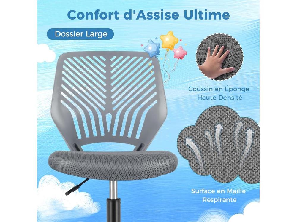 Vente Unique Chaise De Bureau Pivotante Enfants Avec Hauteur Réglable 77-89cm Siège à Roulettes Avec Dossier Ergonomique & Base à 5 Étoiles Charge 150kg Pour Enfant Adolescent Adulte(Gris)