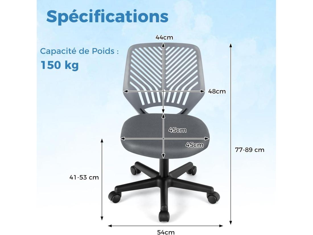 Vente Unique Chaise De Bureau Pivotante Enfants Avec Hauteur Réglable 77-89cm Siège à Roulettes Avec Dossier Ergonomique & Base à 5 Étoiles Charge 150kg Pour Enfant Adolescent Adulte(Gris)