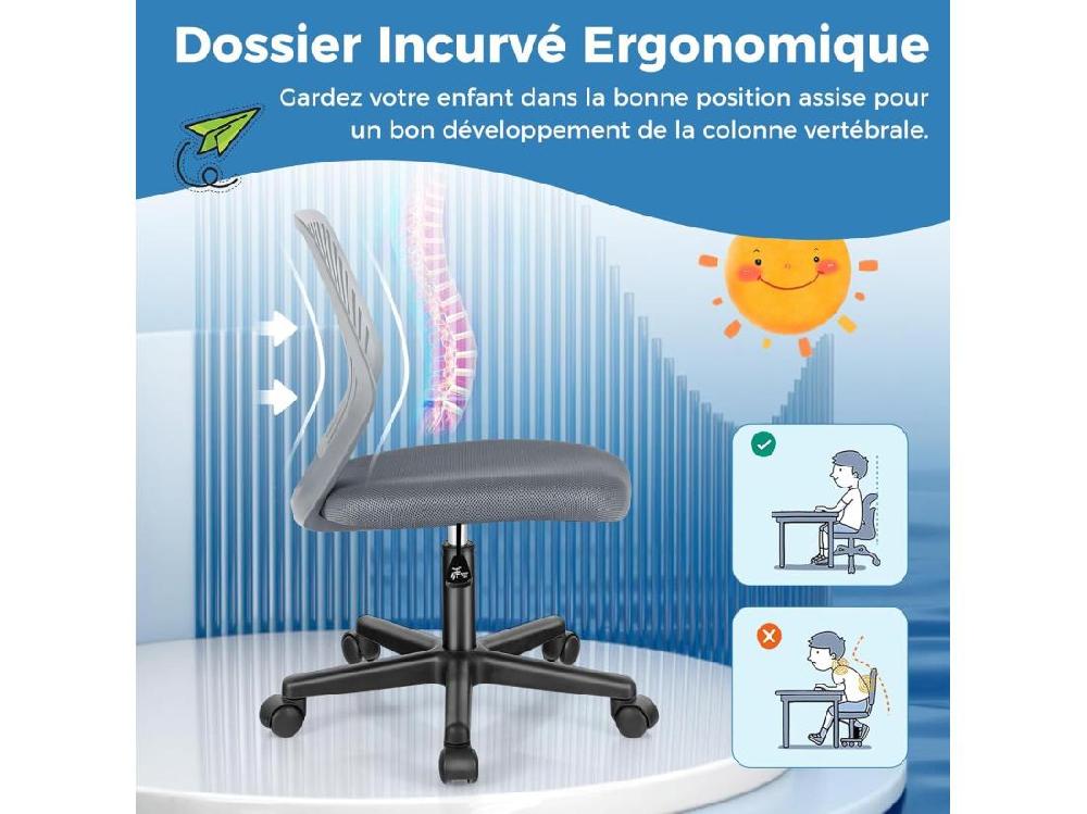 vente unique Chaise de Bureau Pivotante Enfants avec Hauteur Réglable 77-89cm Siège à roulettes avec Dossier Ergonomique & Base à 5 Étoiles Charge 150kg pour Enfant Adolescent Adulte(Gris)