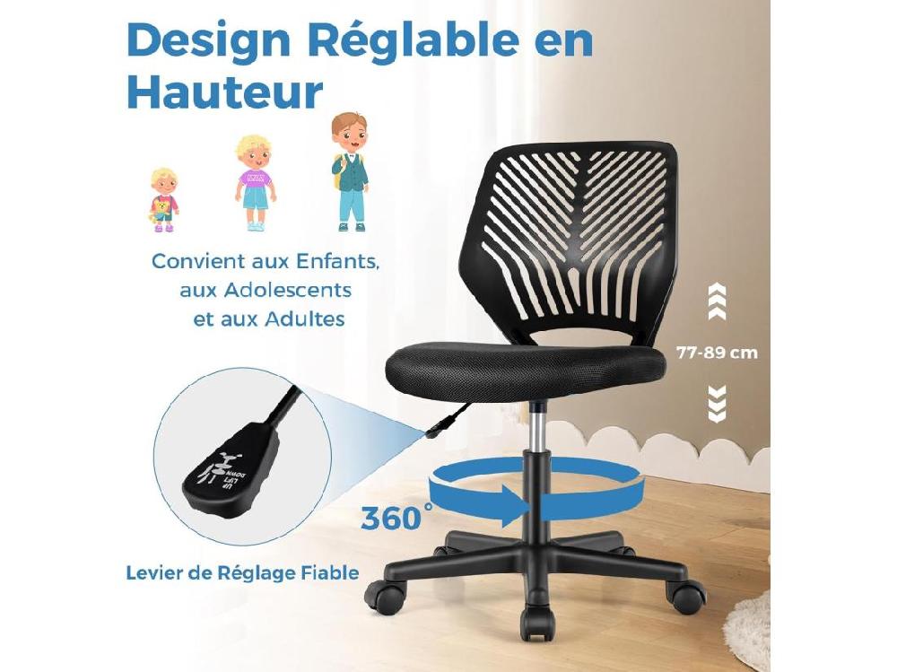 Vente Unique Chaise De Bureau Pivotante Enfants Avec Hauteur Réglable 77-89cm Siège à Roulettes Avec Dossier Ergonomique & Base à 5 Étoiles Charge 150kg Pour Enfant Adolescent Adulte(Noir)