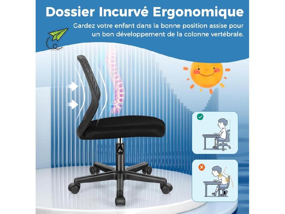 vente unique Chaise de Bureau Pivotante Enfants avec Hauteur Réglable 77-89cm Siège à roulettes avec Dossier Ergonomique & Base à 5 Étoiles Charge 150kg pour Enfant Adolescent Adulte(Noir)