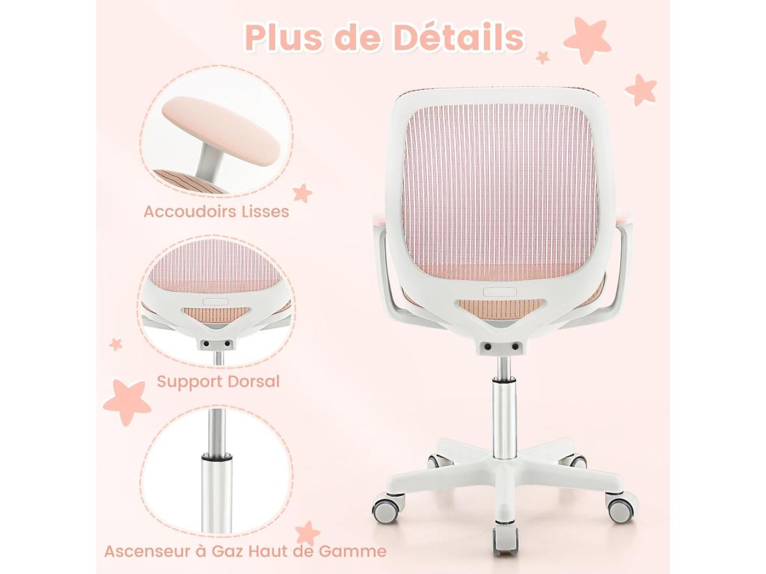 Vente Unique Chaise De Bureau Pivotante Enfants Avec Hauteur Réglable 80-92cm Siège à Roulettes Enfants Avec Dossier & Accoudoirs Ergonomique Verrouillage Automatique Charge 75kg Pour 6-15 Ans