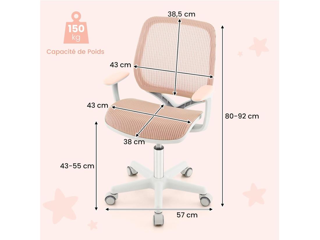 Vente Unique Chaise De Bureau Pivotante Enfants Avec Hauteur Réglable 80-92cm Siège à Roulettes Enfants Avec Dossier & Accoudoirs Ergonomique Verrouillage Automatique Charge 75kg Pour 6-15 Ans