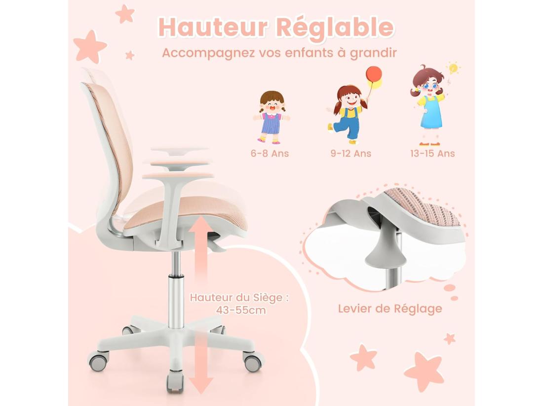 vente unique Chaise de Bureau Pivotante Enfants avec Hauteur Réglable 80-92cm Siège à roulettes Enfants avec Dossier & Accoudoirs Ergonomique Verrouillage Automatique Charge 75kg pour 6-15 Ans