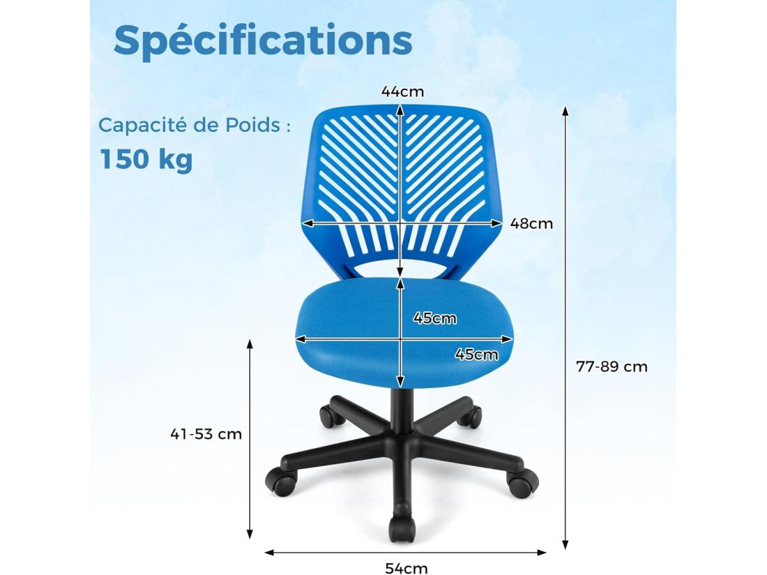 Vente Unique Chaise De Bureau Pivotante Enfants Avec Hauteur Réglable 77-89cm Siège à Roulettes Avec Dossier Ergonomique & Base à 5 Étoiles Charge 150kg (Bleu)