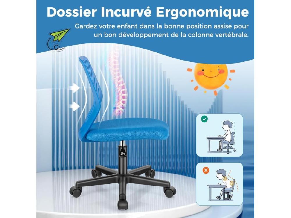 vente unique Chaise de Bureau Pivotante Enfants avec Hauteur Réglable 77-89cm Siège à roulettes avec Dossier Ergonomique & Base à 5 Étoiles Charge 150kg (Bleu)