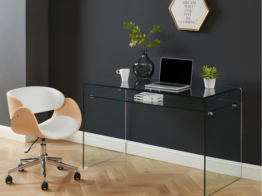 vente unique Chaise de bureau - Simili et métal chromé - Chêne et Blanc - Hauteur ajustable - JELSA