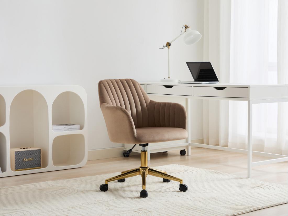 vente unique Chaise de bureau - Velours - Beige et doré - Hauteur réglable - ELEANA
