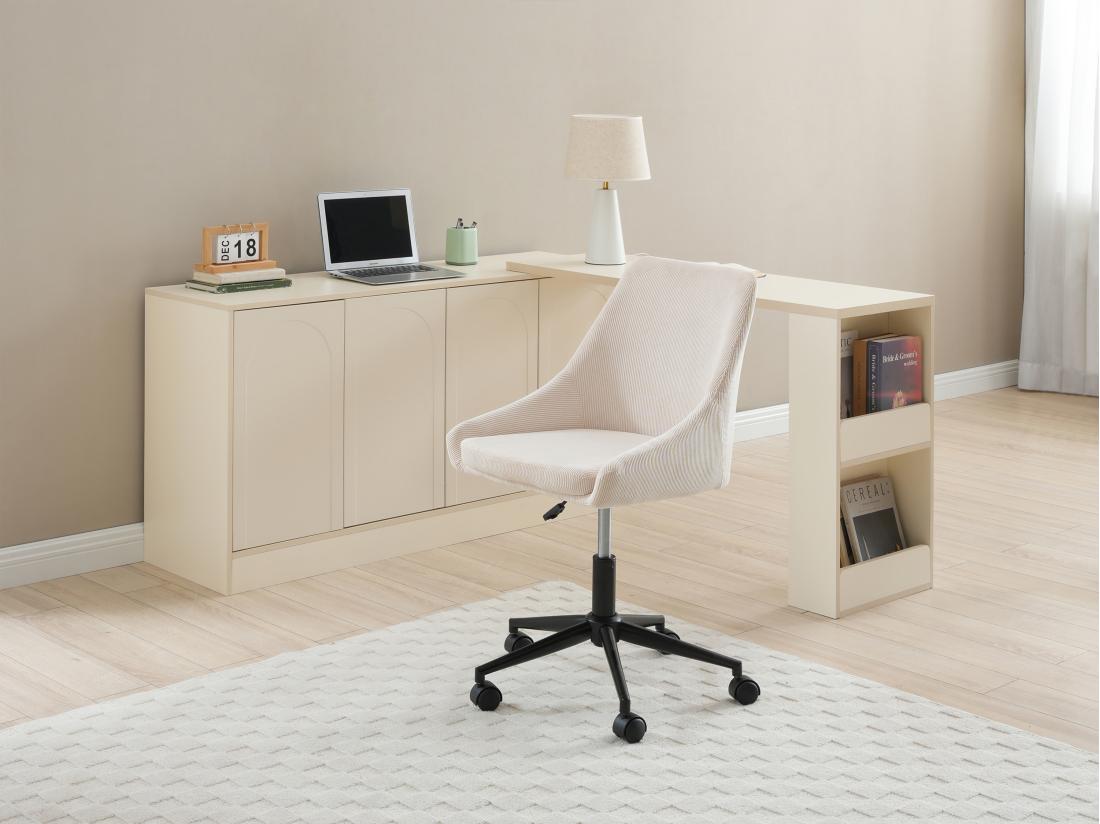 vente unique Chaise de bureau - Velours côtelé - Crème et noir - Hauteur ajustable - MASURIE