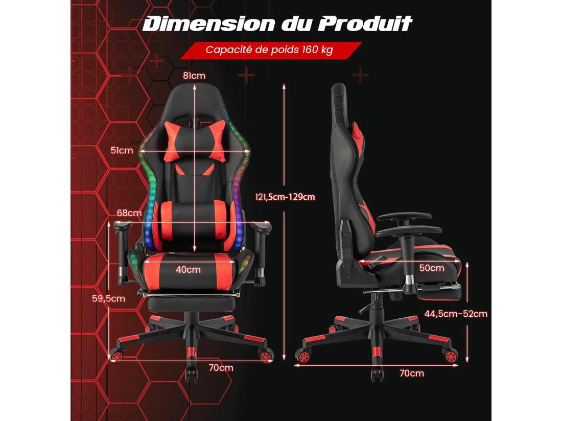 Vente Unique Chaise Gaming RGB/LED Chaise Gamer Ergonomique Avec Soutien Lombaire Fauteuil Gamer Avec Accoudoir Réglable Appui-tête (Rouge)
