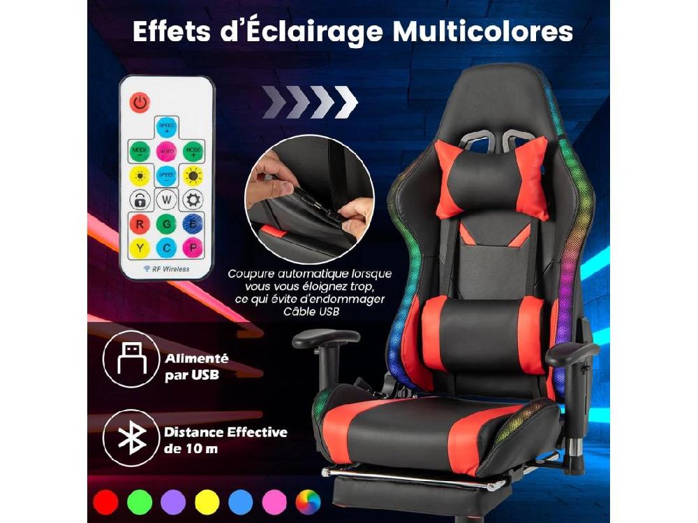 Vente Unique Chaise Gaming RGB/LED Chaise Gamer Ergonomique Avec Soutien Lombaire Fauteuil Gamer Avec Accoudoir Réglable Appui-tête (Rouge)