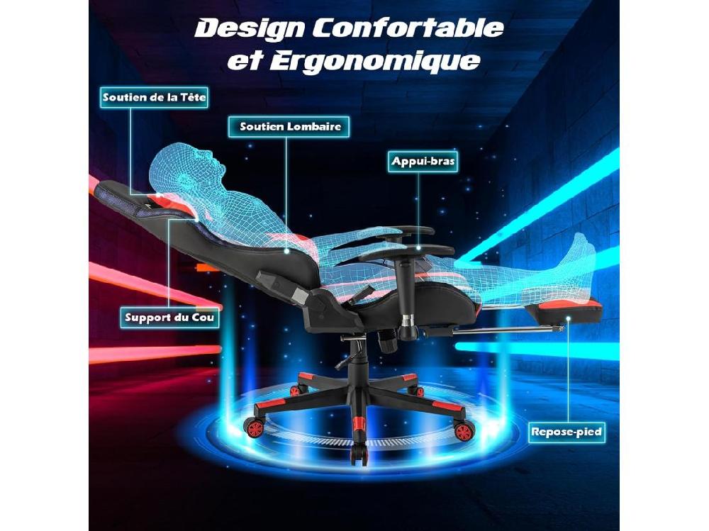 Vente Unique Chaise Gaming RGB/LED Chaise Gamer Ergonomique Avec Soutien Lombaire Fauteuil Gamer Avec Accoudoir Réglable Appui-tête (Rouge)