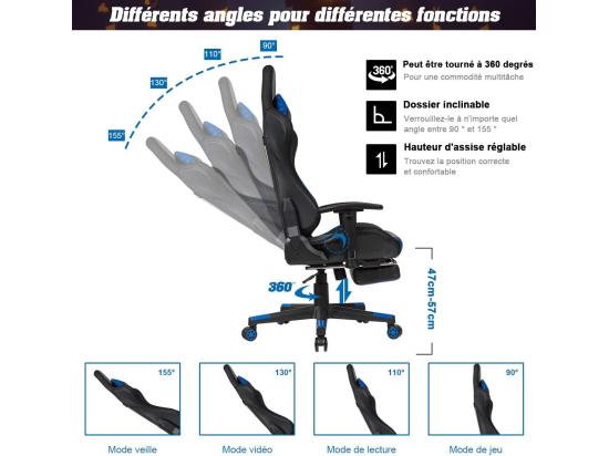 Vente Unique Chaise Gaming RVB Fauteuil Gamer Éclairage LED 358 Effets En PU Avec Dossier Hauteur Et Repose Pieds Réglable Bleu