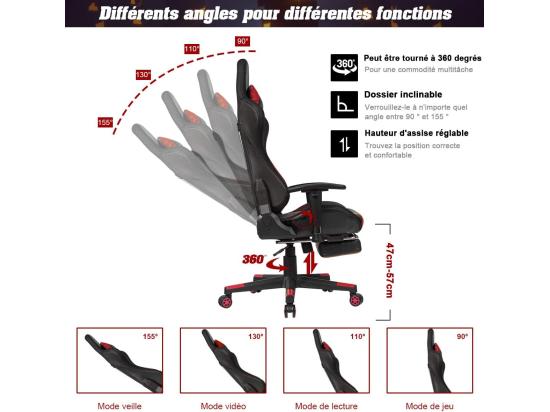 vente unique Chaise Gaming RVB Fauteuil Gamer Éclairage LED 358 Effets en PU avec Dossier Hauteur et Repose Pieds Réglable Rouge