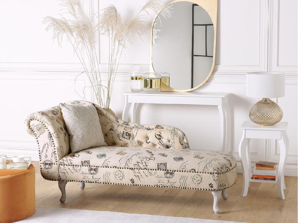 vente unique Chaise longue Chesterfield en tissu imprimé beige côté droite NIMES