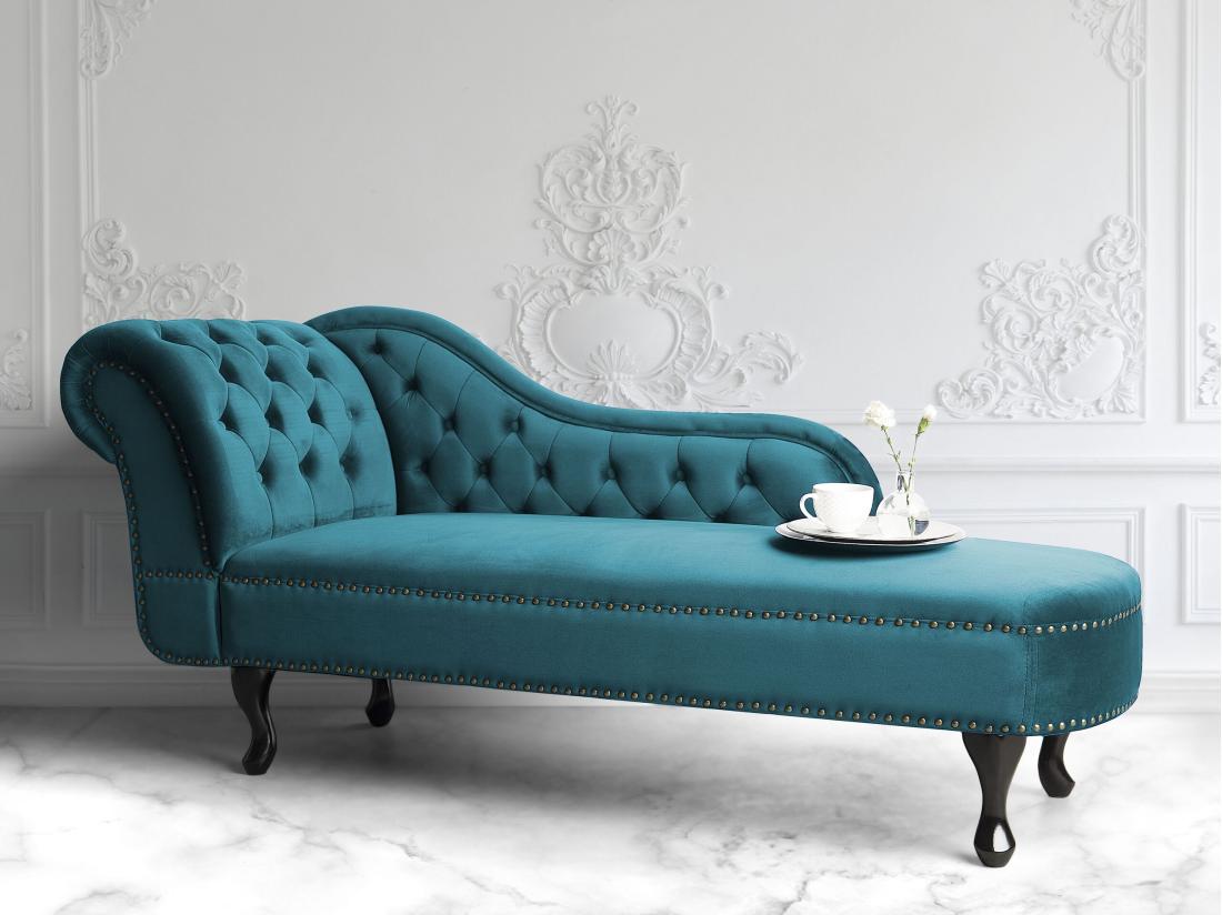 vente unique Chaise longue Chesterfield en velours vert canard côté droite NIMES