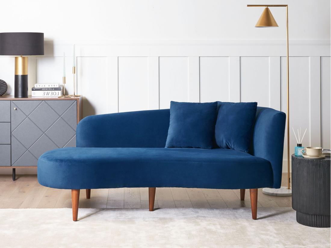 Vente Unique Chaise Longue Côté Droit En Velours Bleu CHAUMONT