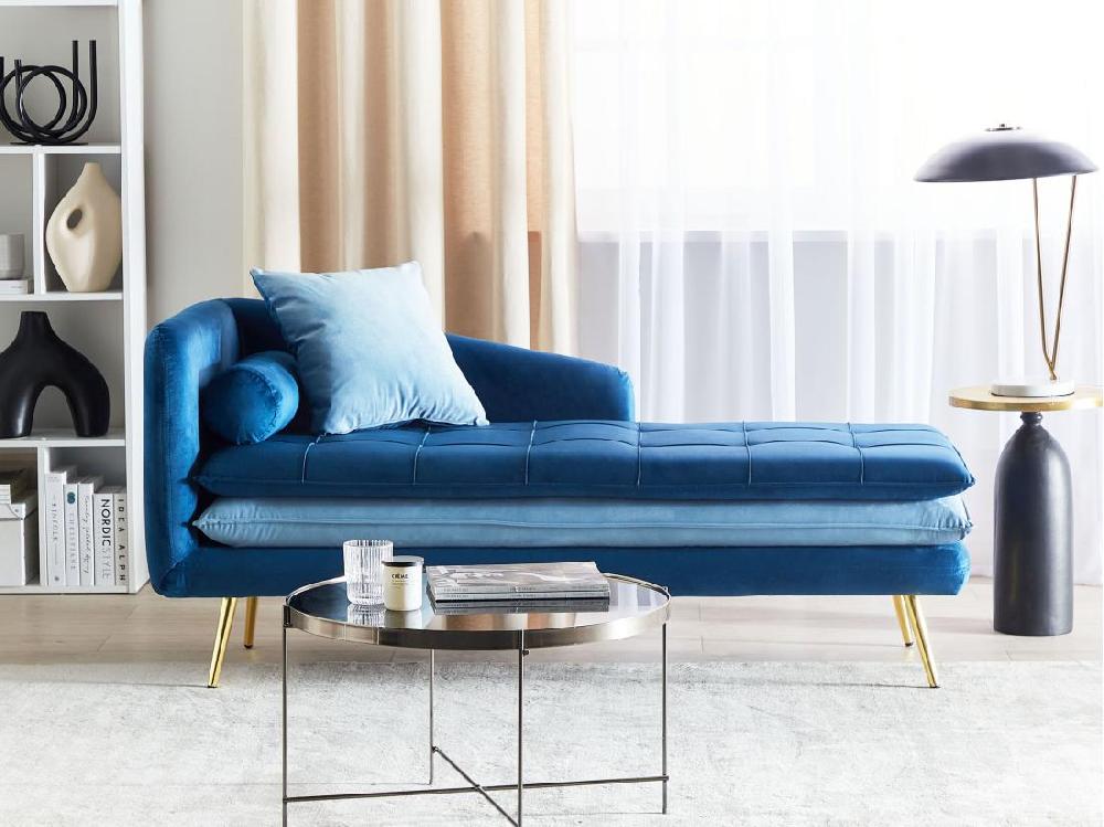 Vente Unique Chaise Longue Côté Droite En Velours Bleu Et Pieds Dorés GONESSE