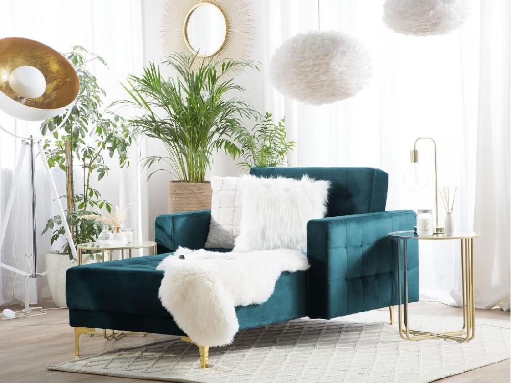 vente unique Chaise longue en velours bleu paon ABERDEEN