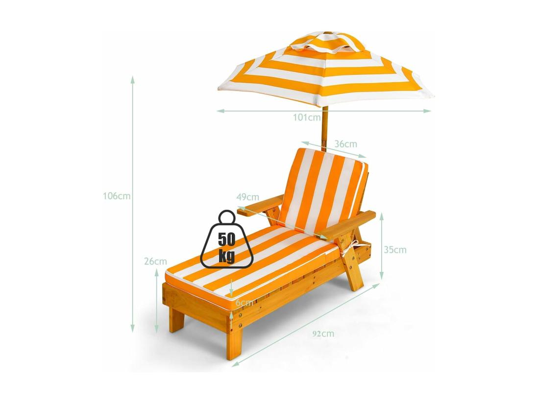 Vente Unique Chaise Longue Pour Enfants 3-8 Ans En Bois Avec Parasol Amovible Coussin Lavable Charge Max 50KG Rayures