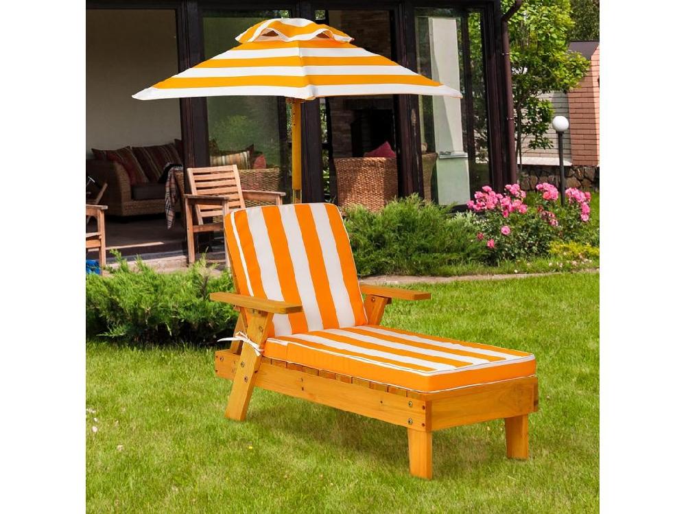 Vente Unique Chaise Longue Pour Enfants 3-8 Ans En Bois Avec Parasol Amovible Coussin Lavable Charge Max 50KG Rayures