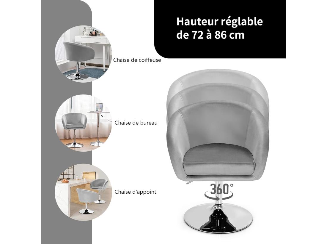 Vente Unique Chaise Pivotante En Velours Fauteuil De Bureau Réglable En Hauteur Base Galvanisée Charge 125kg Gris