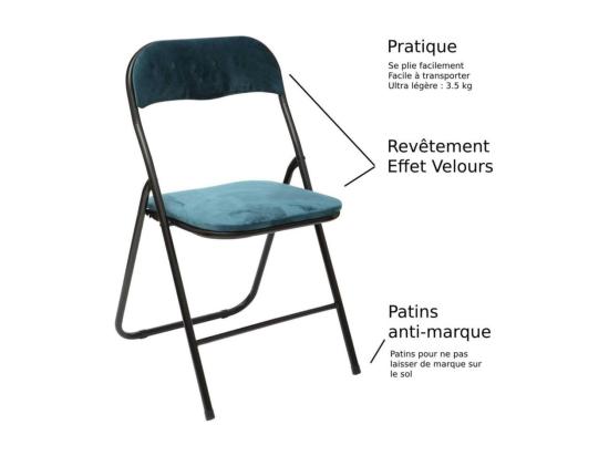 Vente Unique Chaise Pliante Confortable En Métal Et Velours Bleu Canard H 79 Cm