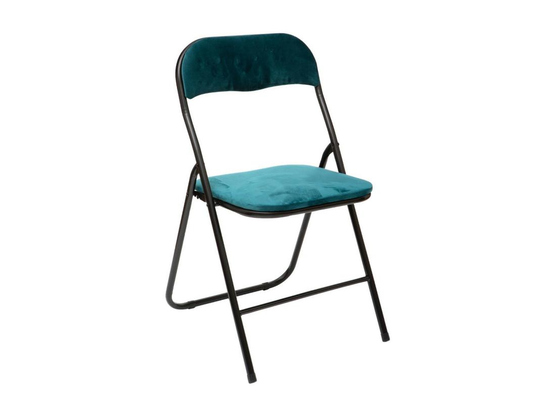 Vente Unique Chaise Pliante Confortable En Métal Et Velours Bleu Canard H 79 Cm
