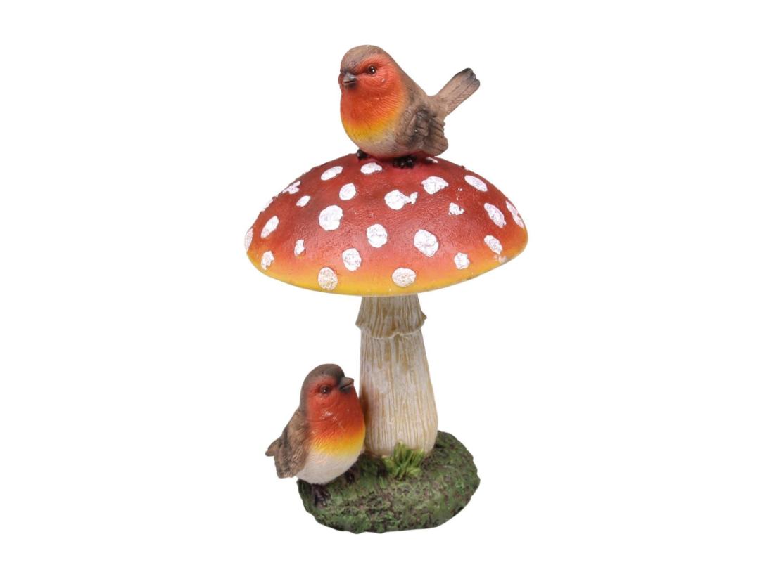 vente unique Champignon avec oiseaux en résine 8 x 16 cm