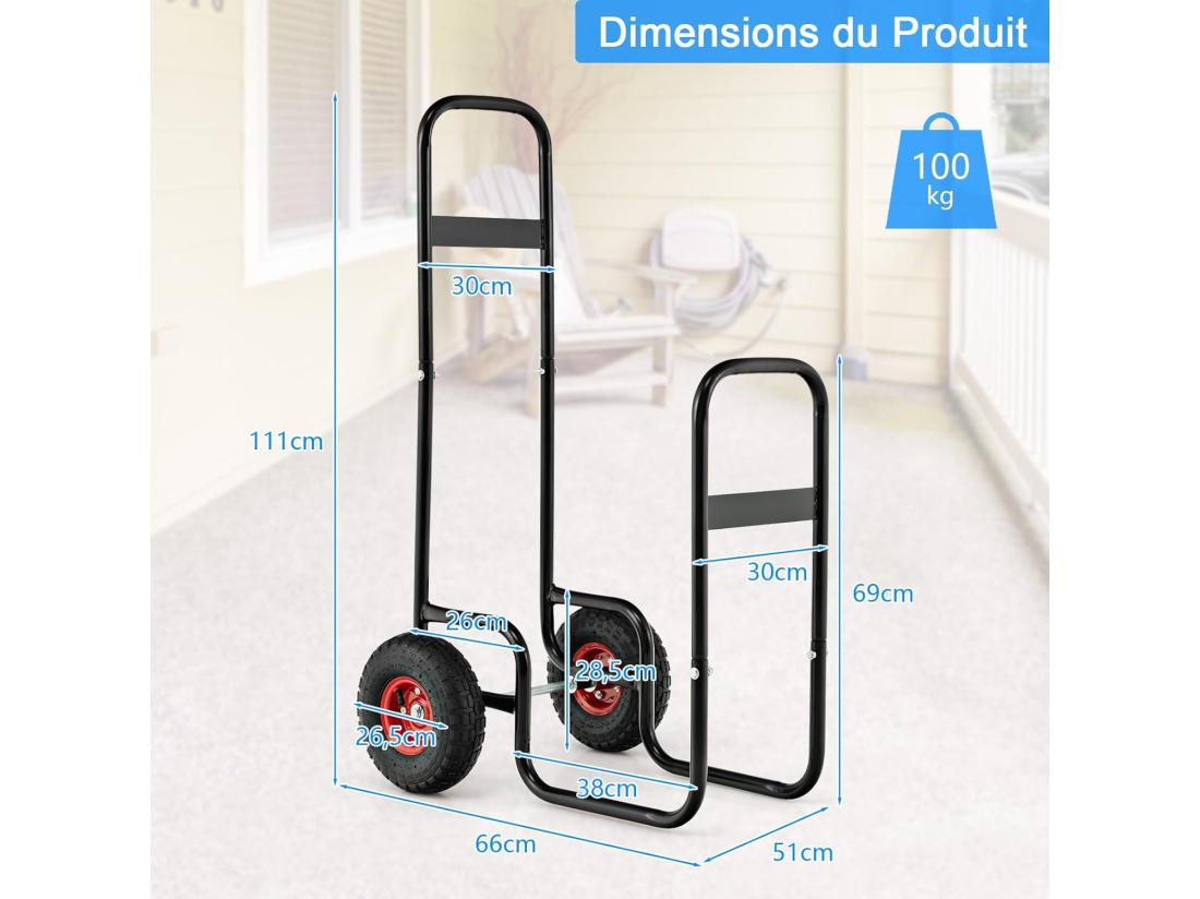 Vente Unique Chariot à Bois Chariot De Bûches Charge 136 KG Avec Roues En Caoutchouc Chariot De Transport Diable 2 Roues Intérieur Extérieur Pour Rangement De Bûches