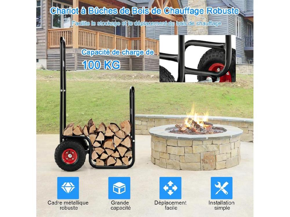 Vente Unique Chariot à Bois Chariot De Bûches Charge 136 KG Avec Roues En Caoutchouc Chariot De Transport Diable 2 Roues Intérieur Extérieur Pour Rangement De Bûches