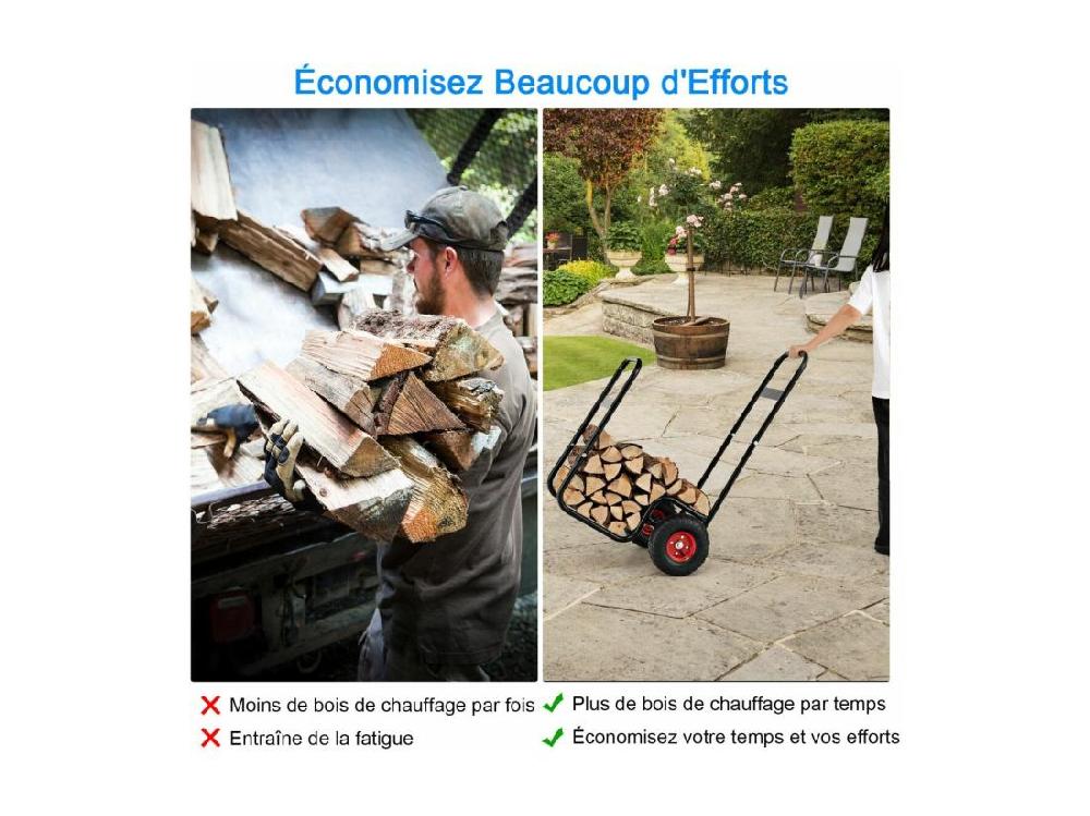 vente unique Chariot à Bois Chariot de Bûches Charge 136 KG avec Roues en Caoutchouc Chariot de Transport Diable 2 Roues Intérieur Extérieur pour Rangement de Bûches