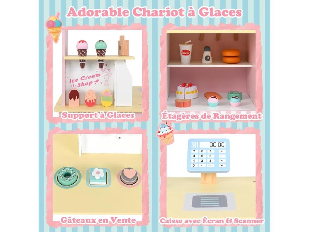 Vente Unique Chariot à Glaces Enfant En Bois Avec 15 Accessoires Magasin De Crème Glacée Avec Auvent & Poignée & Caisse Jeu De Rôle Pour 3 Ans+ (Rose)