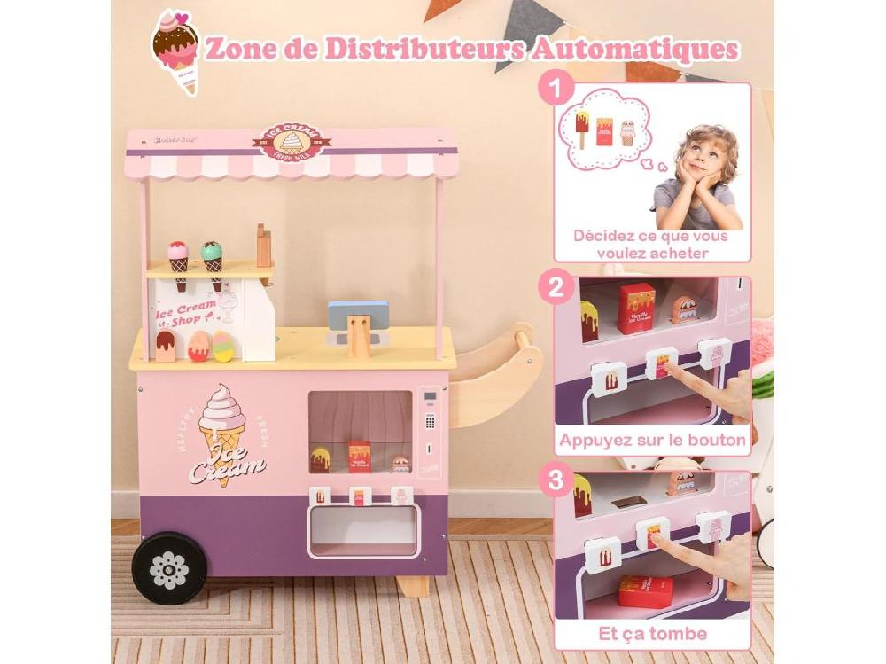 Vente Unique Chariot à Glaces Enfant En Bois Avec 15 Accessoires Magasin De Crème Glacée Avec Auvent & Poignée & Caisse Jeu De Rôle Pour 3 Ans+ (Rose)