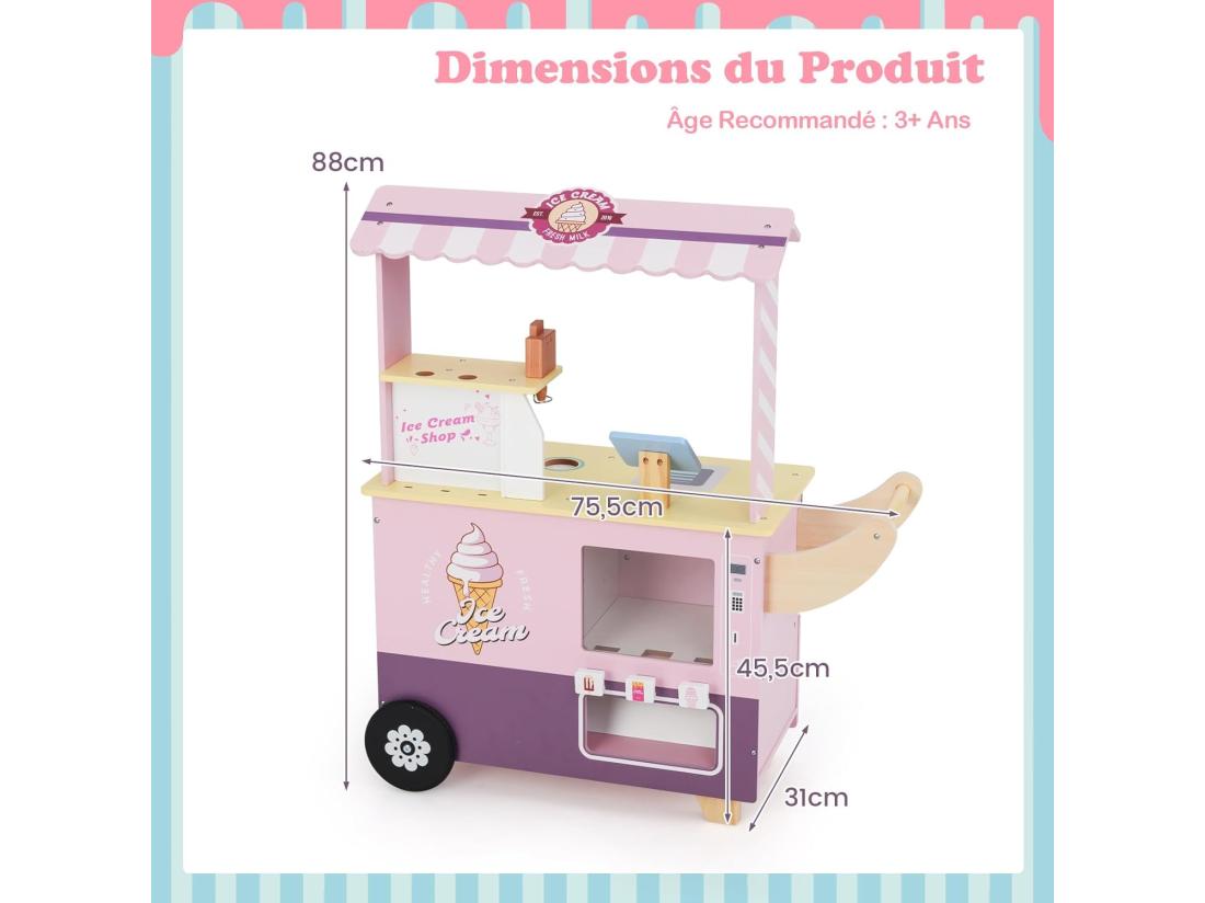 Vente Unique Chariot à Glaces Enfant En Bois Avec 15 Accessoires Magasin De Crème Glacée Avec Auvent & Poignée & Caisse Jeu De Rôle Pour 3 Ans+ (Rose)