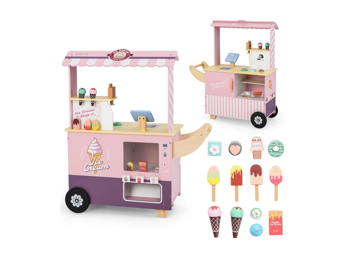 vente unique Chariot à Glaces Enfant en Bois avec 15 Accessoires Magasin de Crème Glacée avec Auvent & Poignée & Caisse Jeu de Rôle pour 3 Ans+ (Rose)