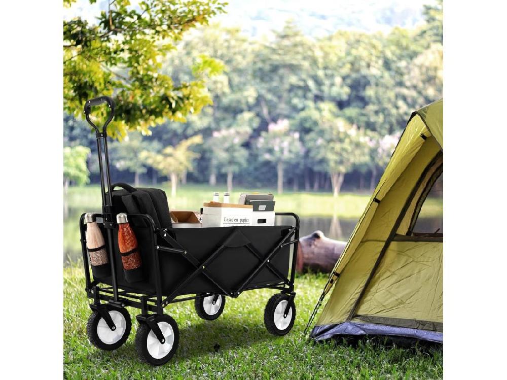 Vente Unique Chariot De Plage Pliable 82 L Chariot De Transport Avec Poignée Réglable Et Porte-Boissons Charge 68 Kg Chariot Utilitaire Extérieur Pour Jardin Camping Pêche (Noir)