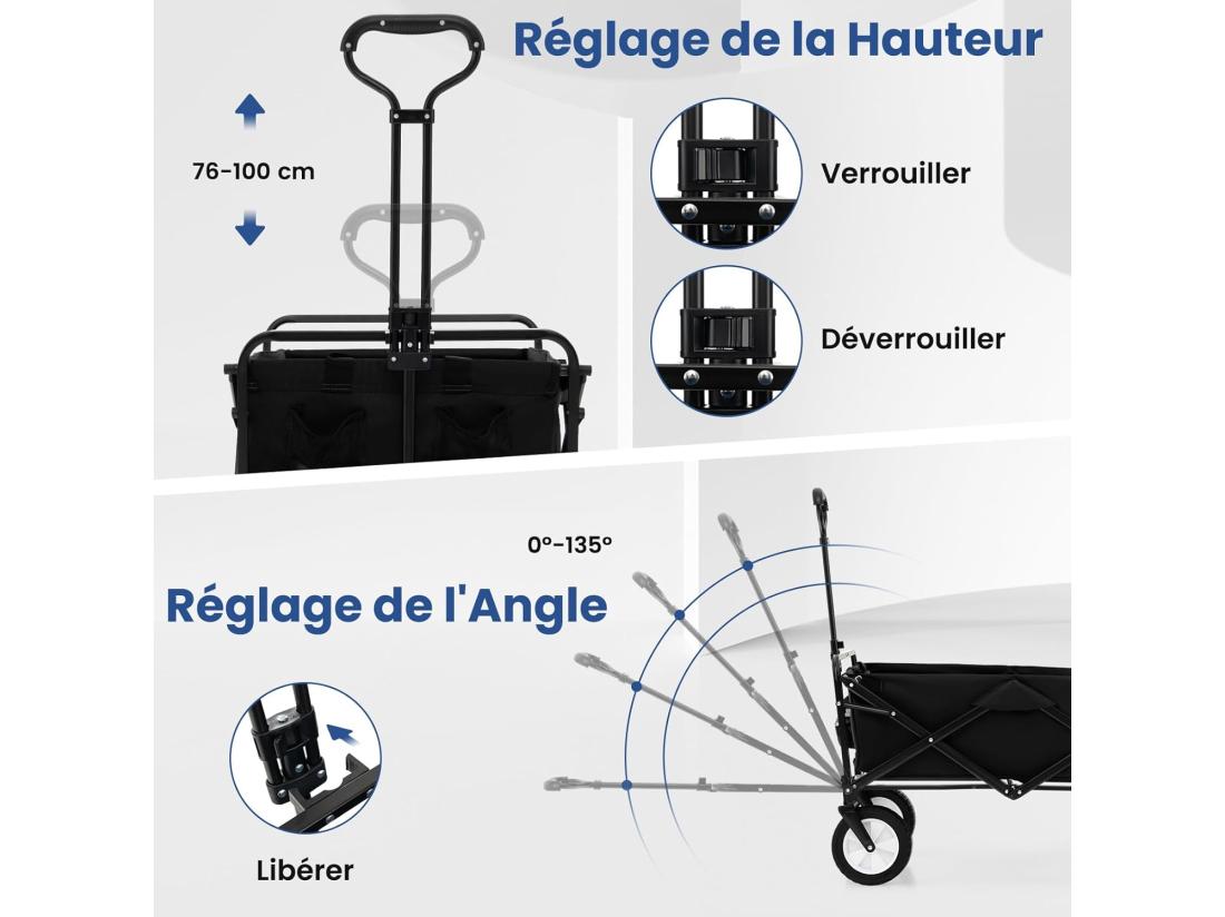 Vente Unique Chariot De Plage Pliable 82 L Chariot De Transport Avec Poignée Réglable Et Porte-Boissons Charge 68 Kg Chariot Utilitaire Extérieur Pour Jardin Camping Pêche (Noir)
