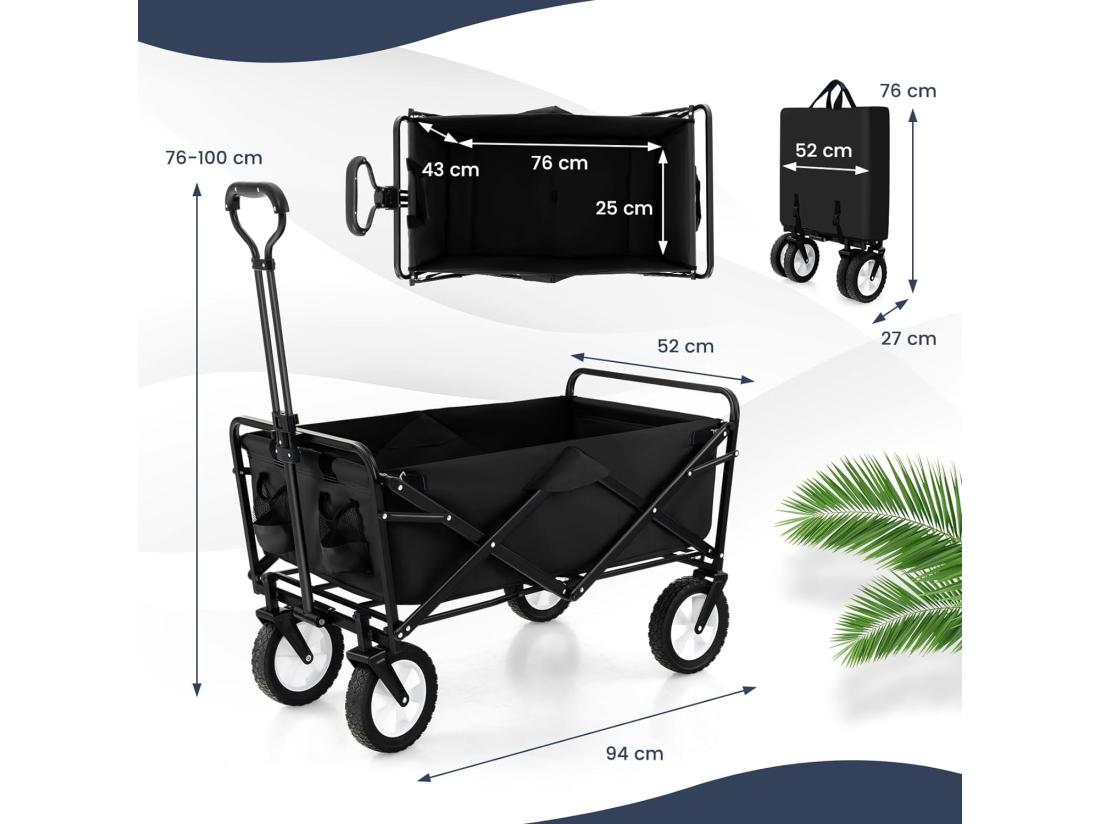 Vente Unique Chariot De Plage Pliable 82 L Chariot De Transport Avec Poignée Réglable Et Porte-Boissons Charge 68 Kg Chariot Utilitaire Extérieur Pour Jardin Camping Pêche (Noir)